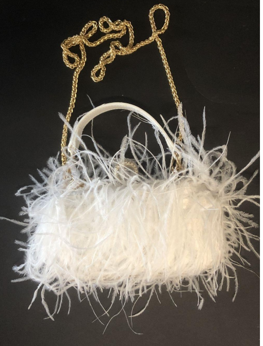 White feather evening clutch with push clasp and gold-tone chain strap, view 2