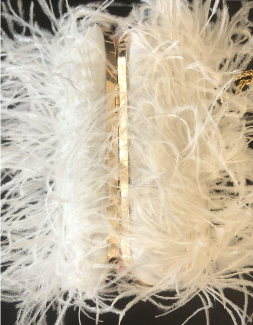 MIUCO White Feather Clutch with Push Clasp & Gold Chain Strap