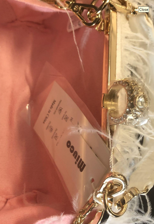 MIUCO White Feather Clutch with Push Clasp & Gold Chain Strap