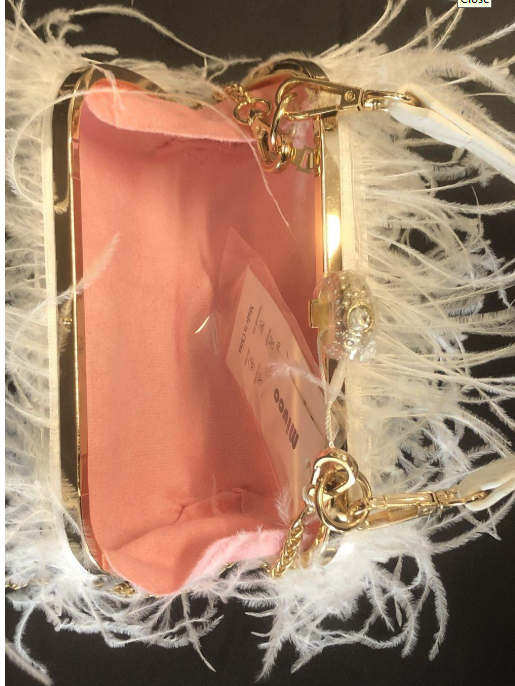 MIUCO White Feather Clutch with Push Clasp & Gold Chain Strap