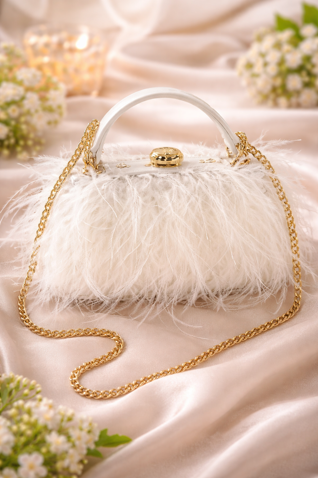 White feather evening clutch with push clasp and gold-tone chain strap