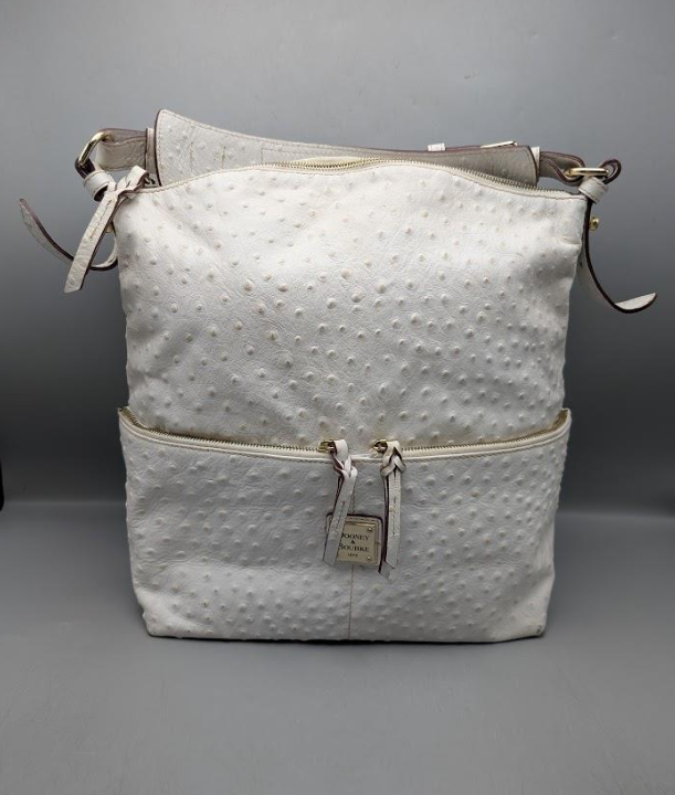 (SOLD) Dooney & Bourke Ostrich-Embossed Leather Crossbody Bag White Zip-Front Utility Style
