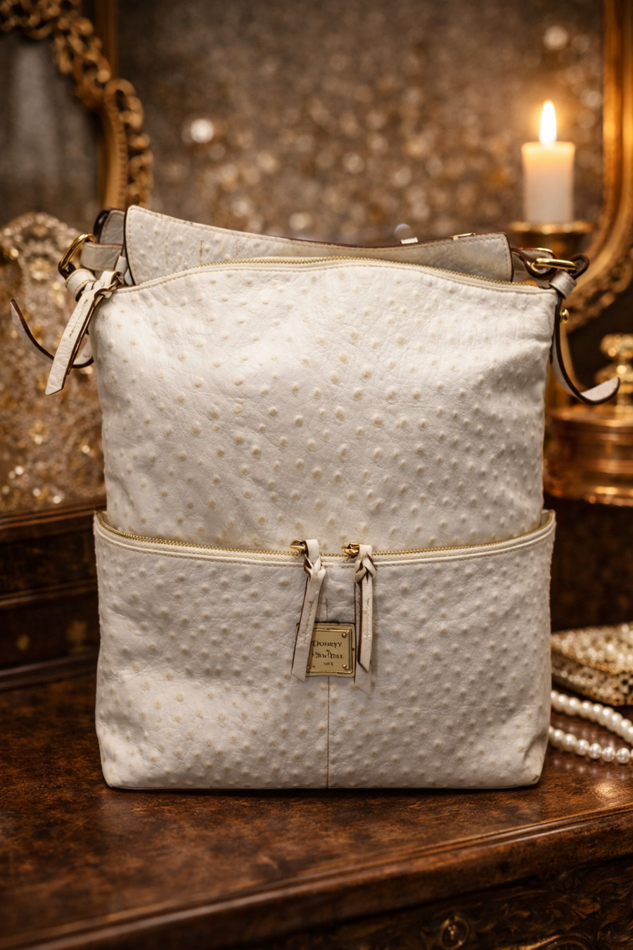 (SOLD) Dooney & Bourke Ostrich-Embossed Leather Crossbody Bag White Zip-Front Utility Style