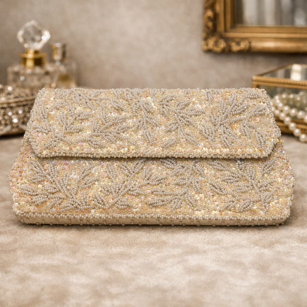 DuBarry white satin evening clutch with beaded and sequined floral flap