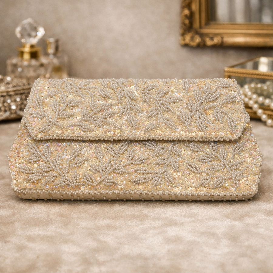 DuBarry white satin evening clutch with beaded and sequined floral flap
