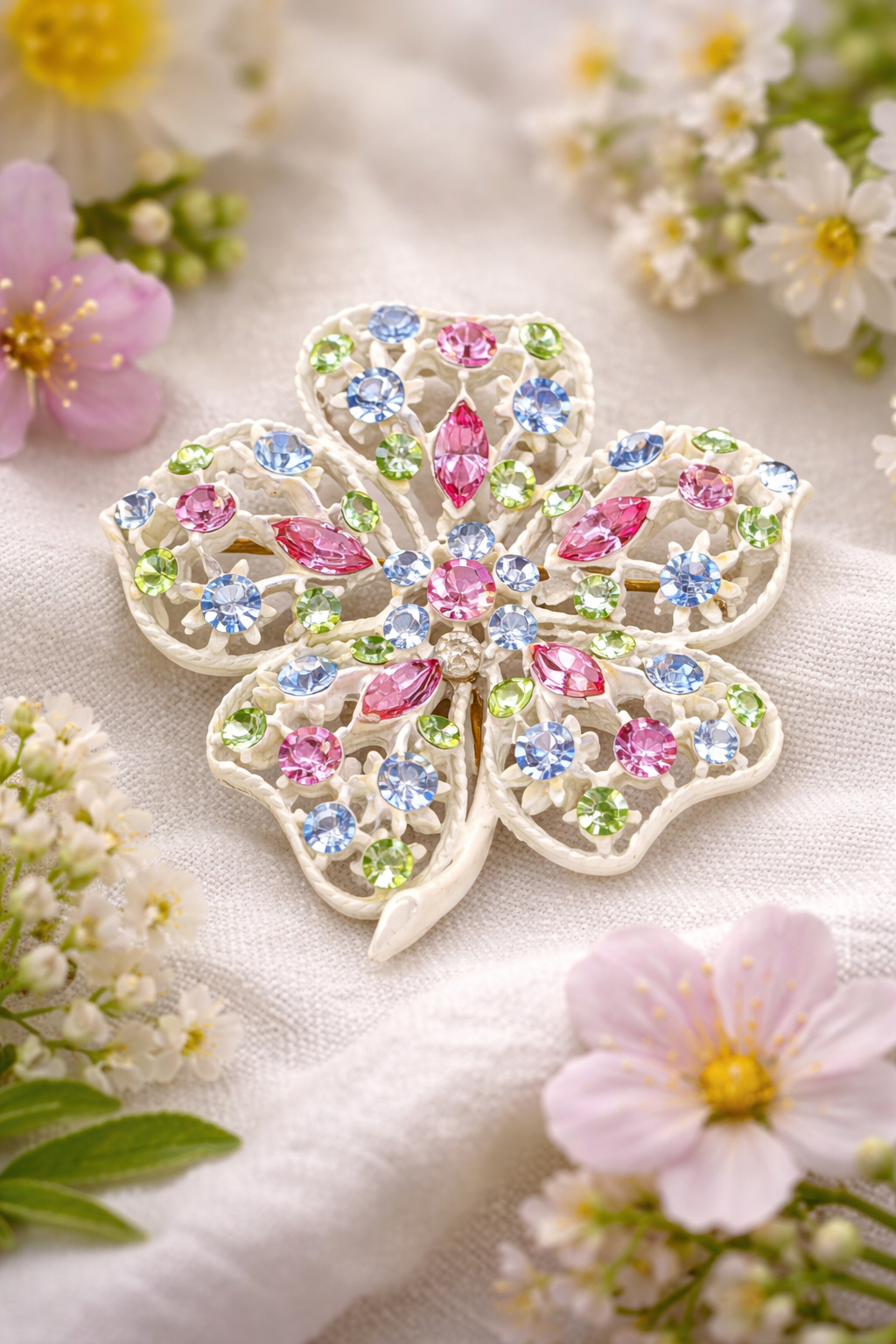 White enamel four-petal flower brooch with pastel rhinestones