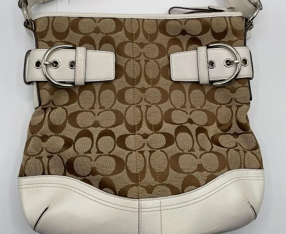 Coach Soho khaki signature canvas shoulder bag with white leather trim and buckle flap, view 5