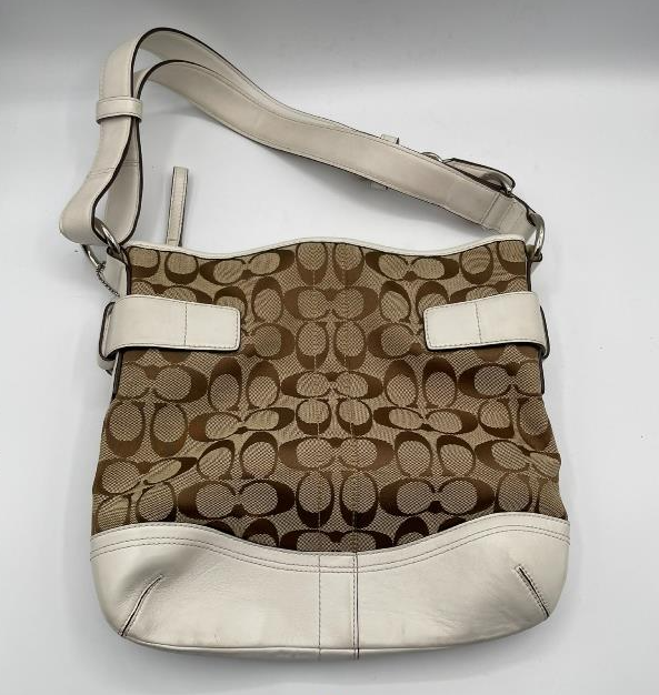 Coach Soho Signature Khaki Canvas White Leather Buckle Flap Crossbody Shoulder Bag
