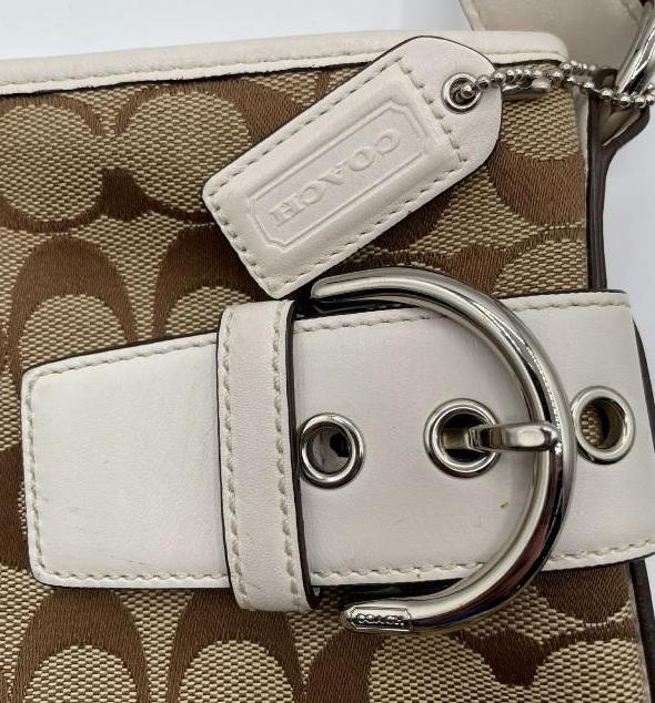 Coach Soho khaki signature canvas shoulder bag with white leather trim and buckle flap, view 4