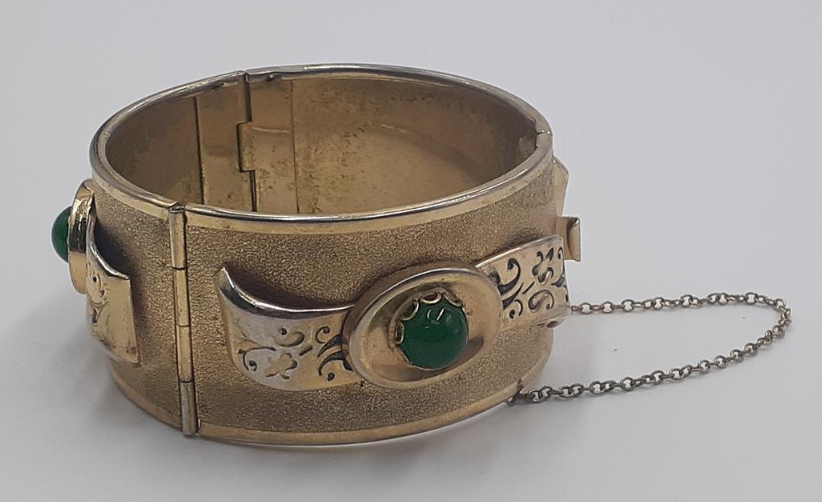 Whiting & Davis Vintage Gold-Tone Bracelet & Clip-On Earring Set with Green Cabochons (Signed)