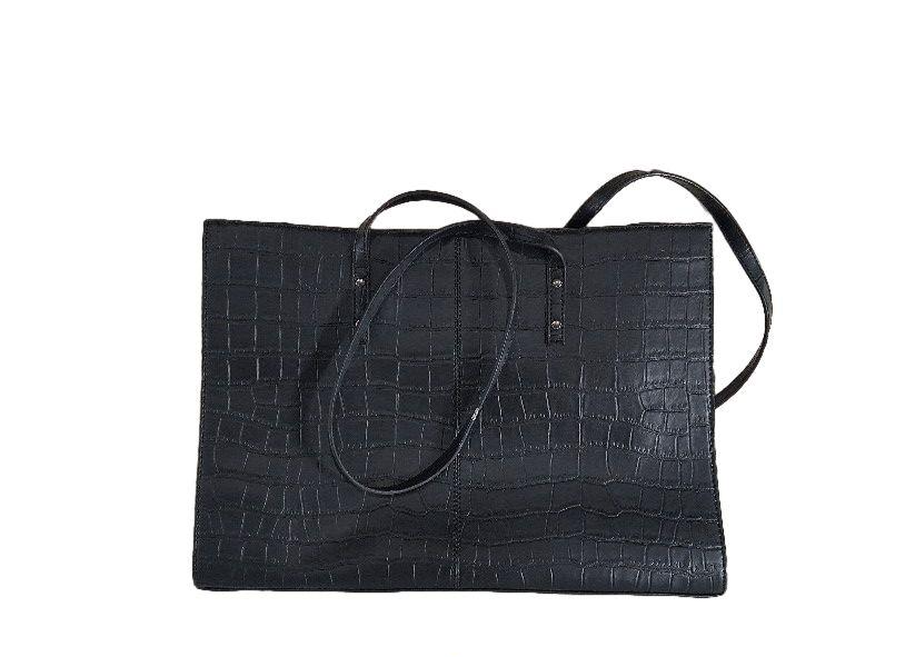 Black croc-embossed leather messenger briefcase with push clasp and purple lace lining, view 2