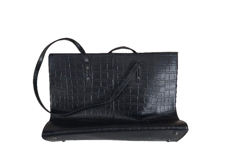 Black croc-embossed leather messenger briefcase with push clasp and purple lace lining, view 7