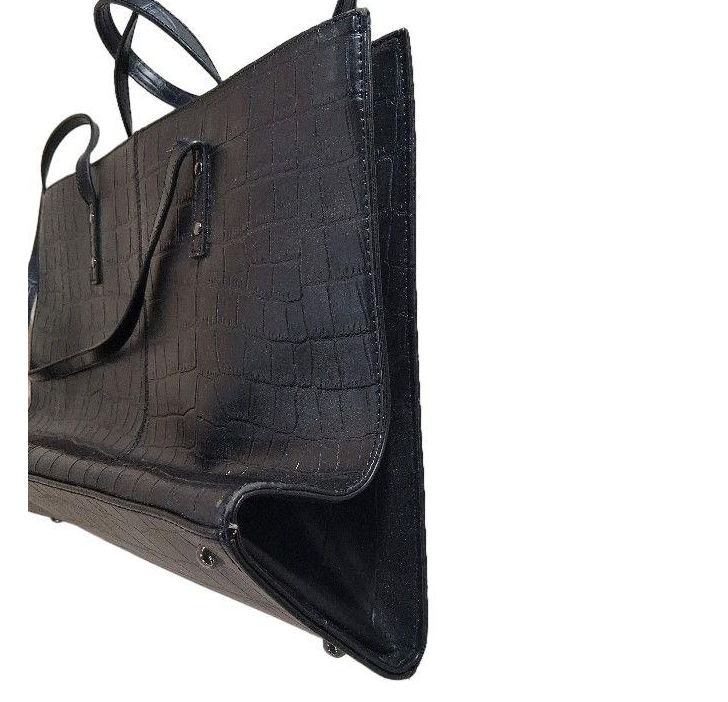 Black croc-embossed leather messenger briefcase with push clasp and purple lace lining, view 4