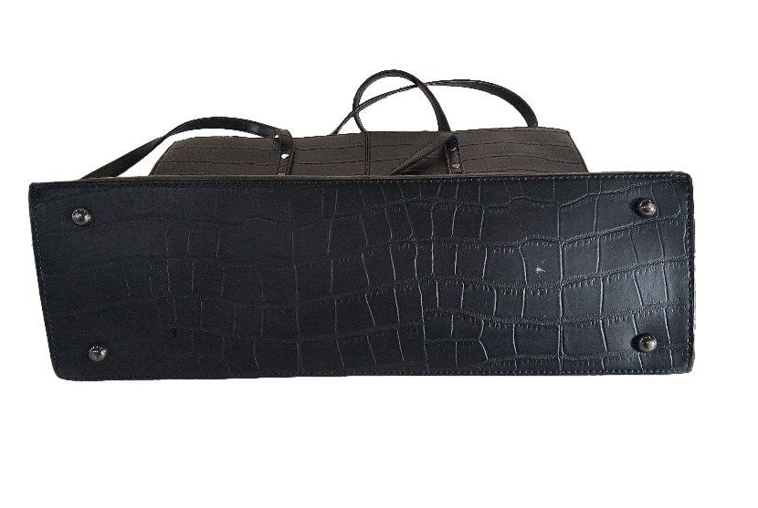 Black croc-embossed leather messenger briefcase with push clasp and purple lace lining, view 6