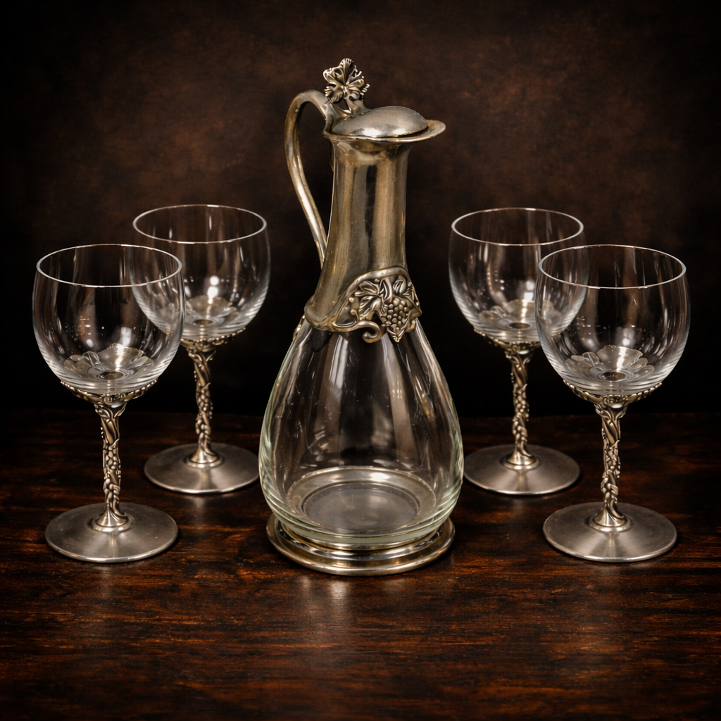 Silver-Plated Glass Decanter with 6 Matching Wine Glasses – Vintage Entertaining Set