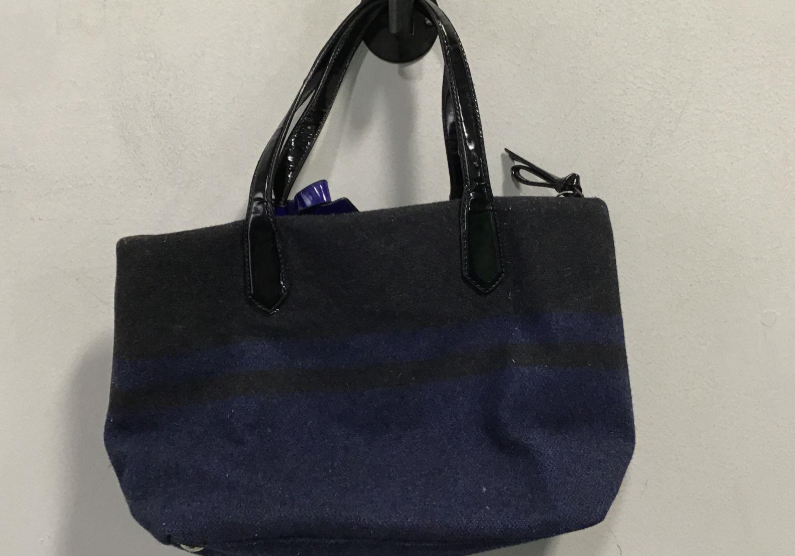 Coach Blue & Black Wool Blend Tote Bag | Patent Leather Handle Shoulder Bag with Signature Charm