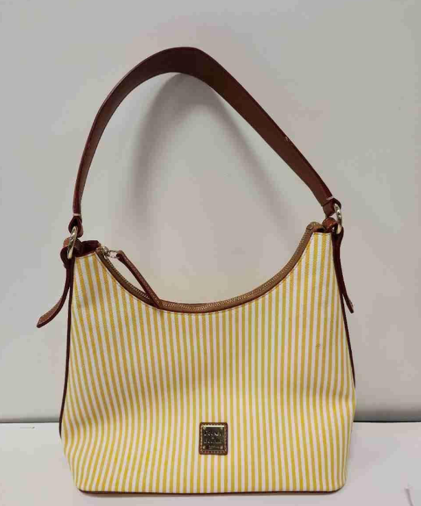 (SOLD) Dooney & Bourke Yellow & White Striped Canvas Shoulder Bag | Leather Trim Summer Tote Purse