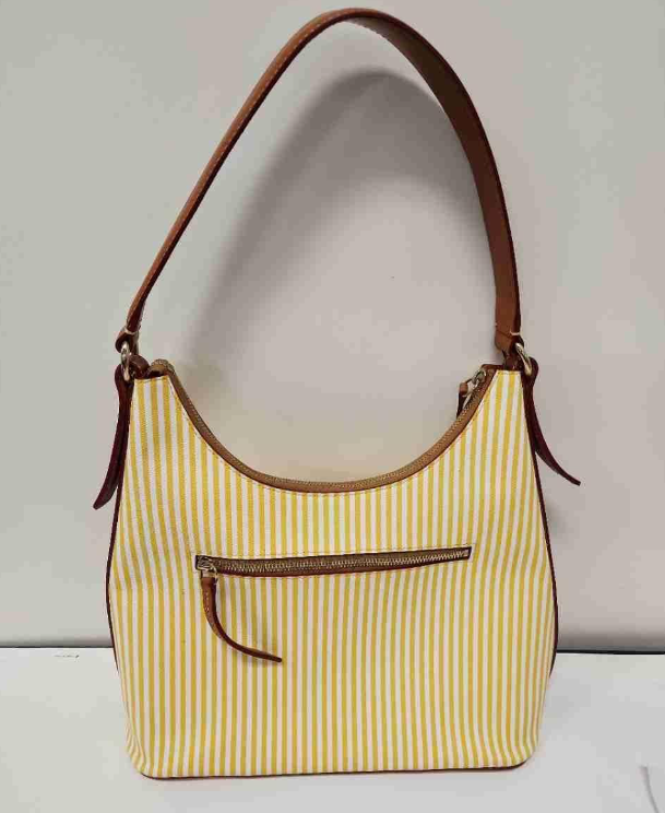(SOLD) Dooney & Bourke Yellow & White Striped Canvas Shoulder Bag | Leather Trim Summer Tote Purse