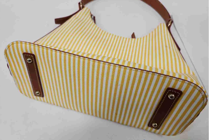 (SOLD) Dooney & Bourke Yellow & White Striped Canvas Shoulder Bag | Leather Trim Summer Tote Purse