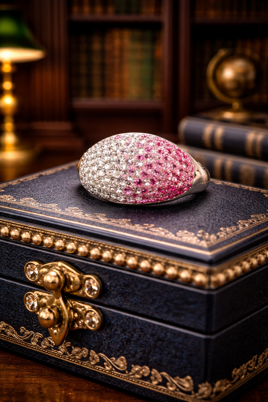 Silver-tone dome ring with pavé stones shading from pink to clear
