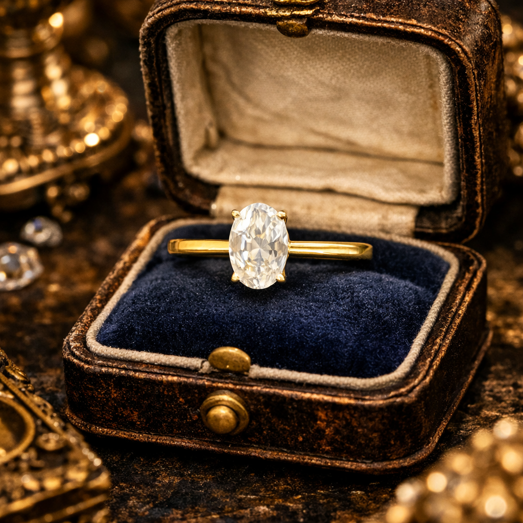 Gold Vermeil 925 Sterling Silver Oval CZ Solitaire Ring Size 6.75