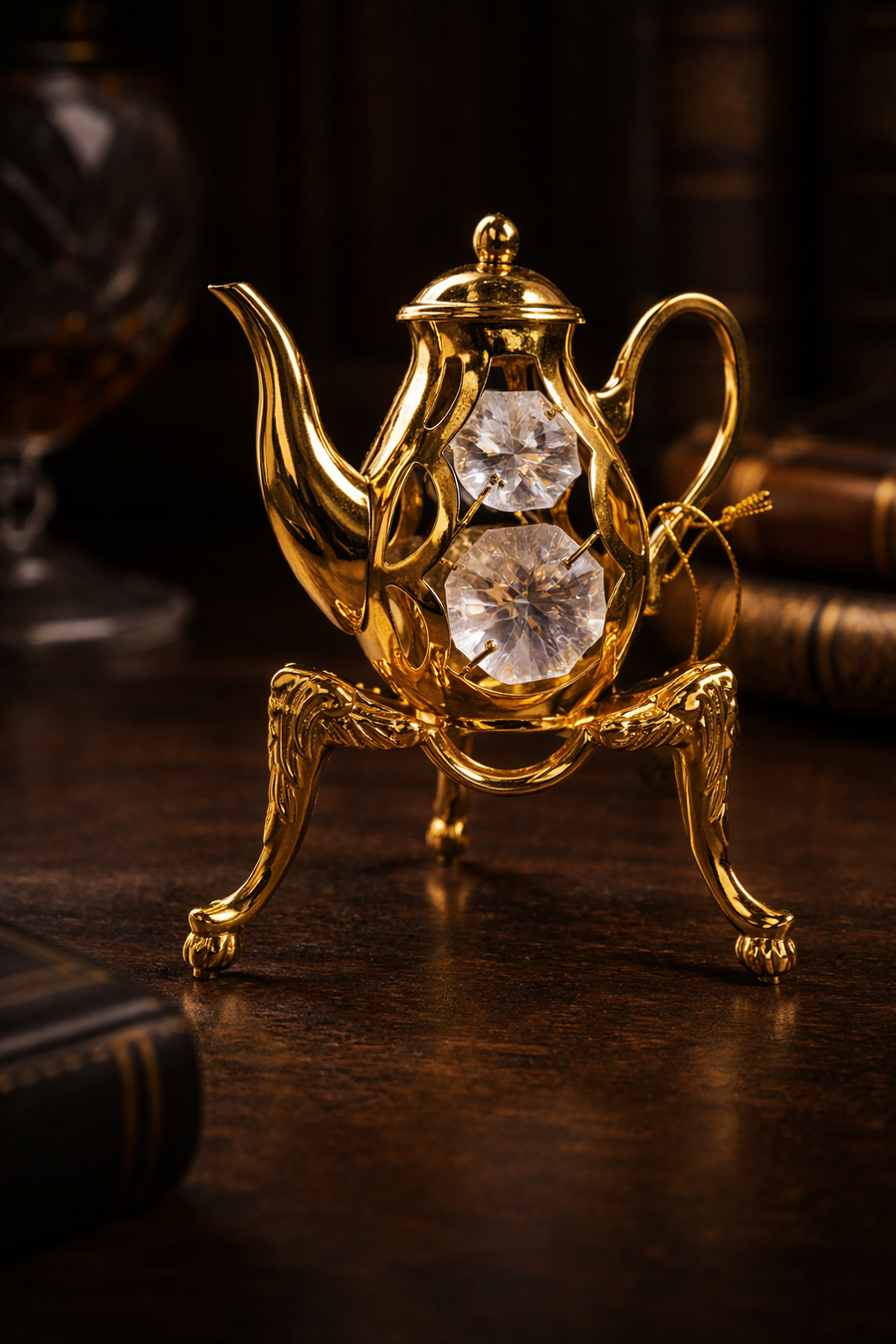 24K Gold Plated Teapot Crystal Ornament on Stand Decorative Miniature Teapot Gift Collectible