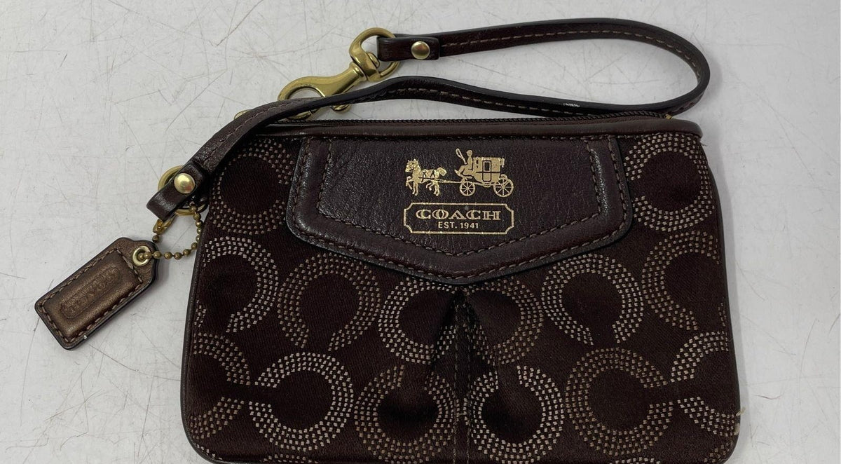 Coach brown op art signature dots zip top wristlet wallet with front logo plaque, view 4