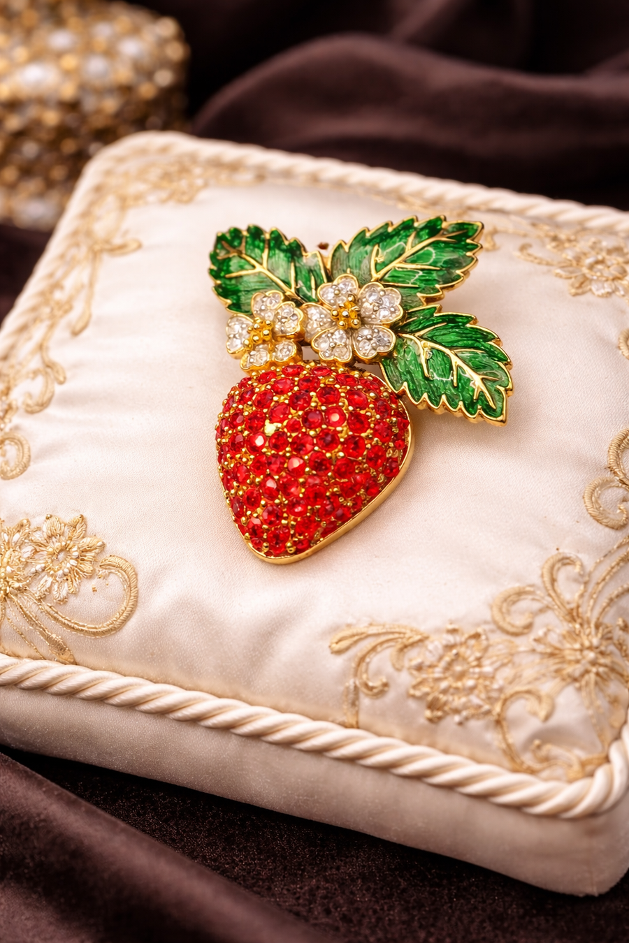 Gold-tone strawberry brooch with red pavé rhinestones, green enamel leaves and clear rhinestone flowers