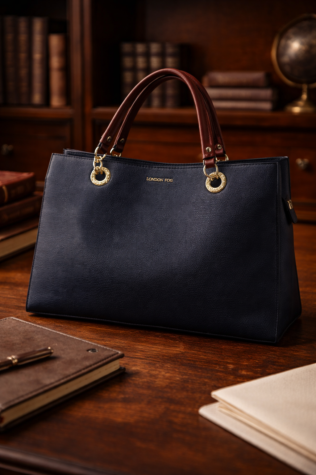 London Fog Navy Blue Leather Tote Bag | Structured Shoulder Handbag Gold Hardware