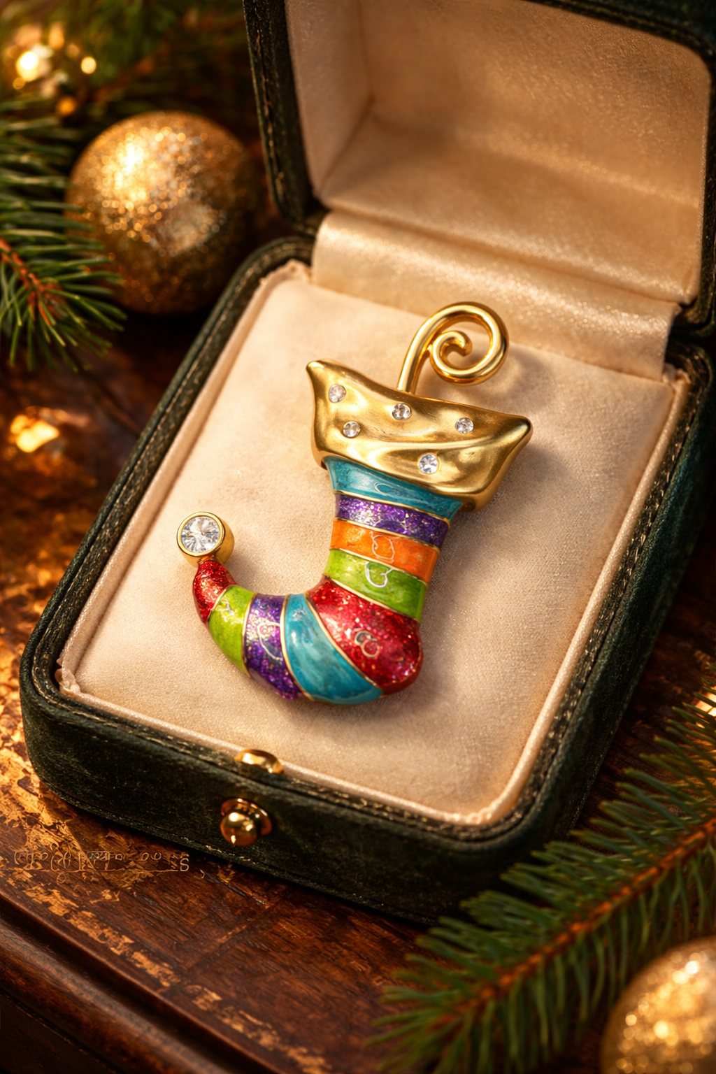 Signed Anne Klein gold-tone Christmas stocking brooch with multicolor enamel stripes and rhinestones