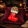 Christmas Stocking Brooch with Gifts and Holly Enamel