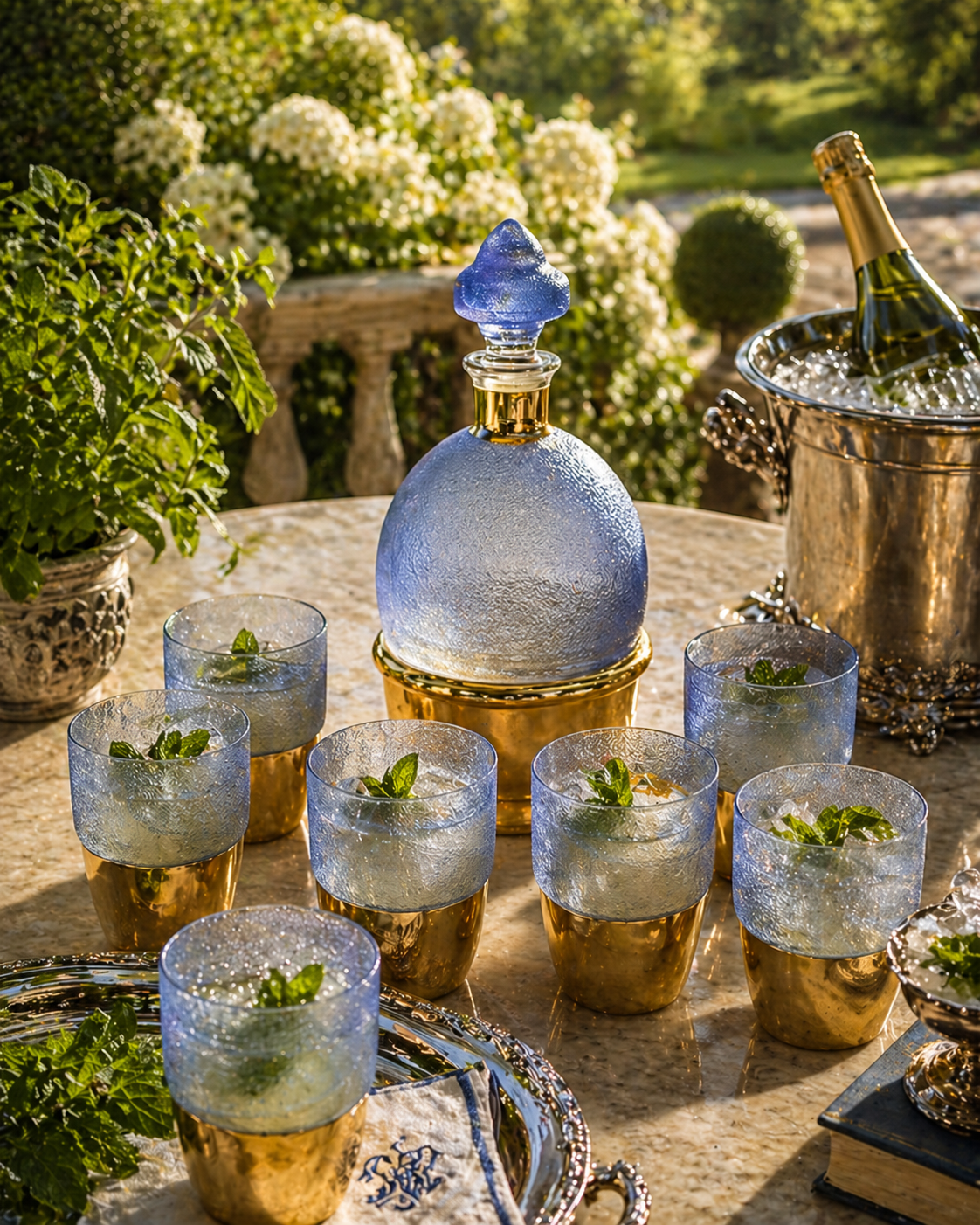 Vintage textured frosted blue glass decanter and six glasses with gold-tone bases
