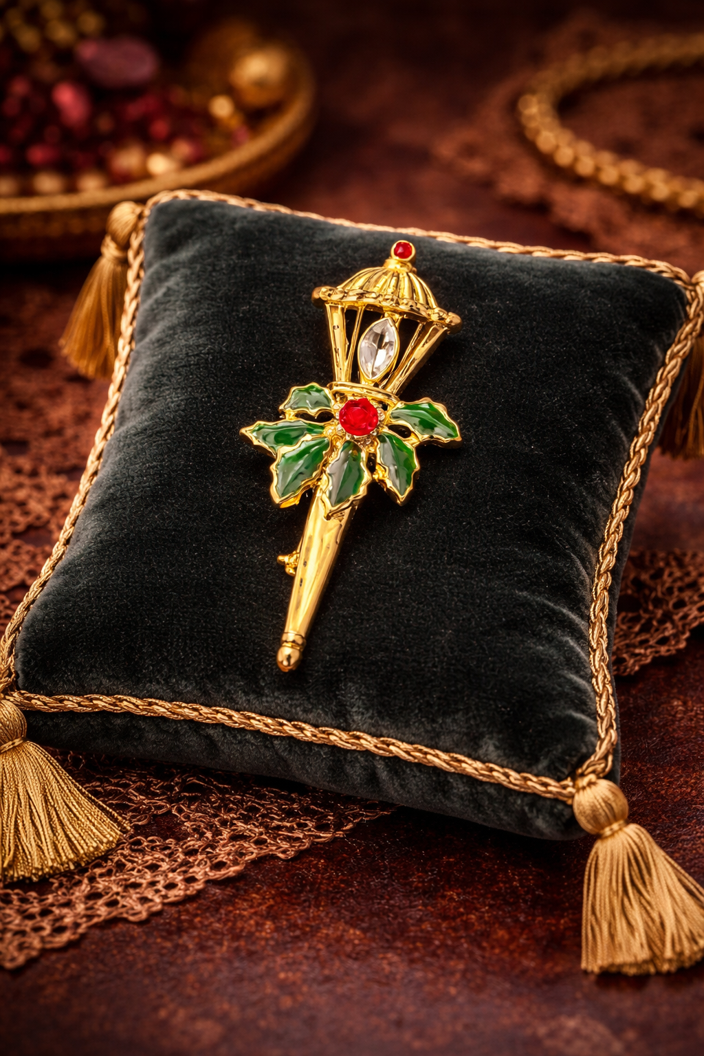 Christmas Candle Brooch with Holly and Rhinestone Accent