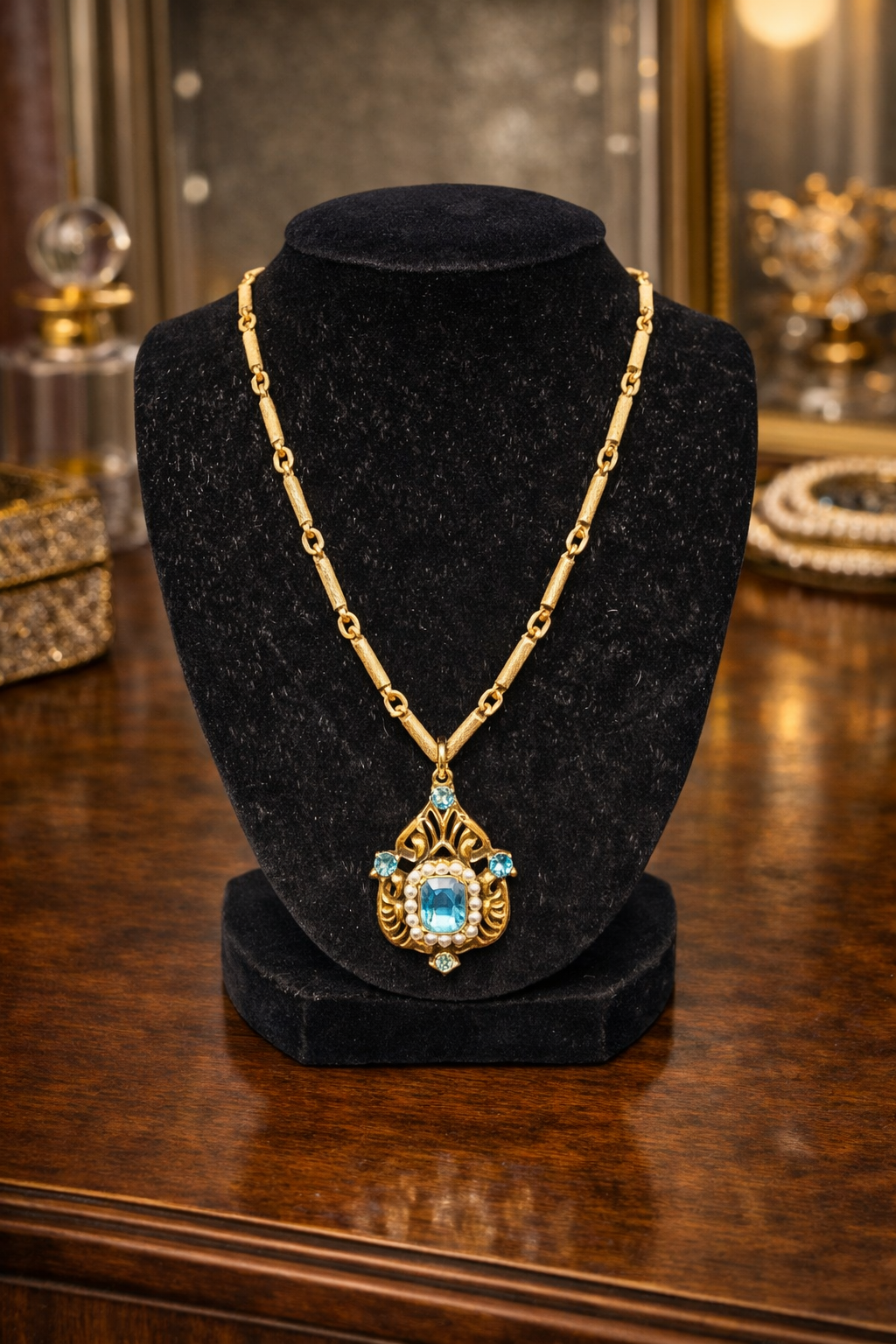 Gold Tone Filigree Pendant Necklace Blue Crystal Faux Pearl Vintage Style Statement Necklace
