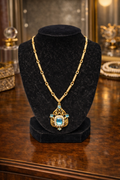 Gold Tone Filigree Pendant Necklace Blue Crystal Faux Pearl Vintage Style Statement Necklace