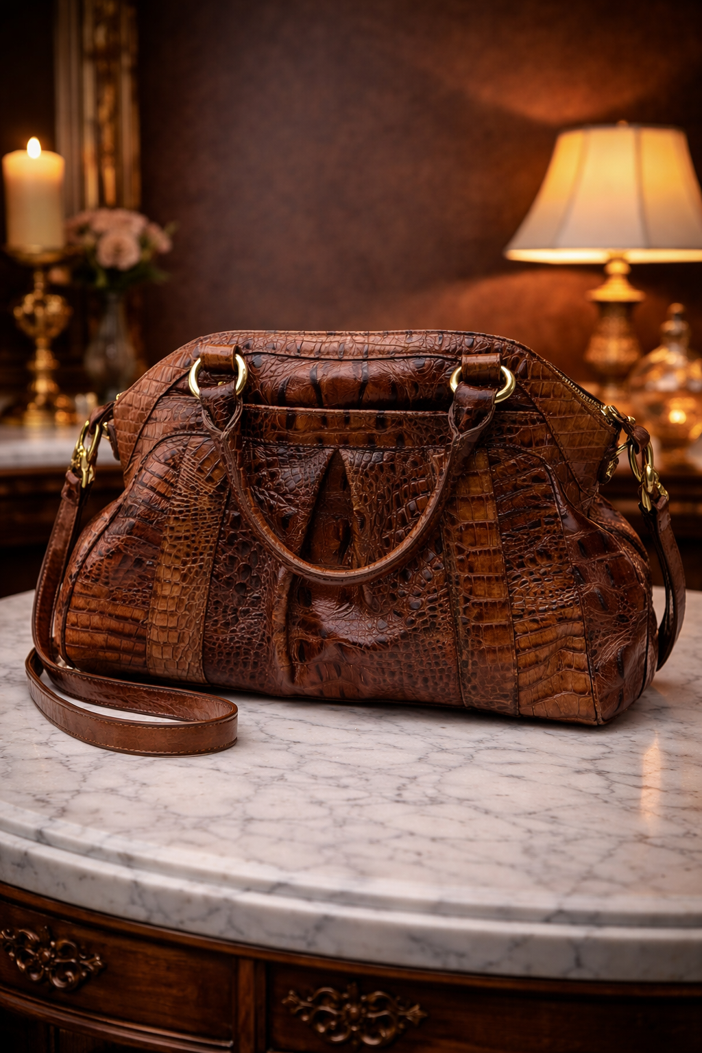 Brahmin brown crocodile-embossed leather satchel with rolled handles, crossbody strap and dust bag