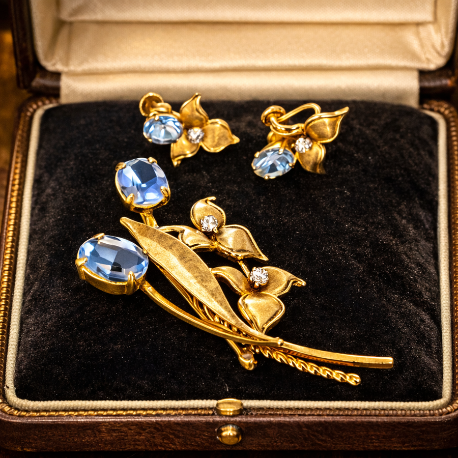 Signed Van Dell floral brooch and screw-back earrings with blue rhinestones and faux pearls