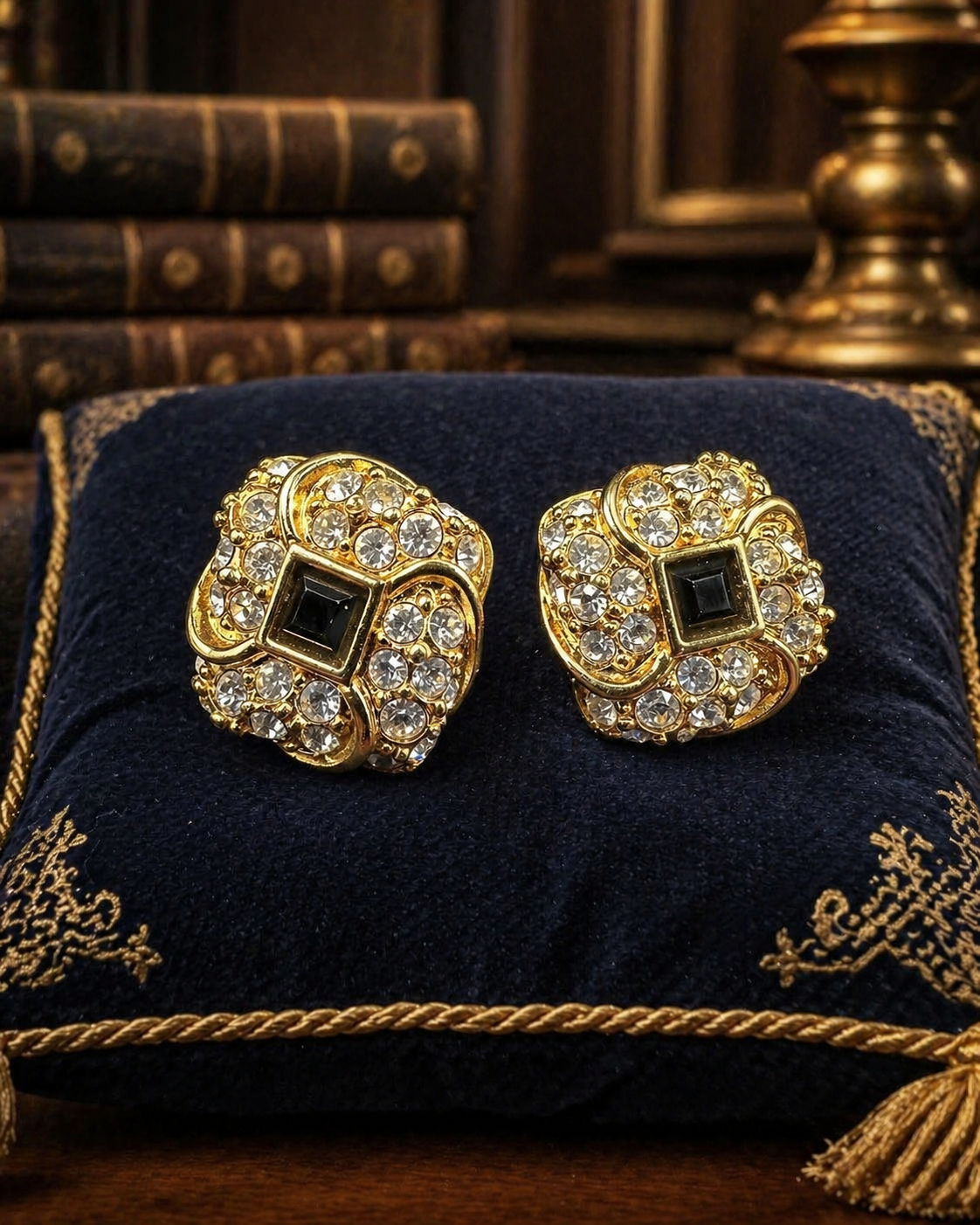 Swarovski gold-tone square post earrings with clear crystals and black square center