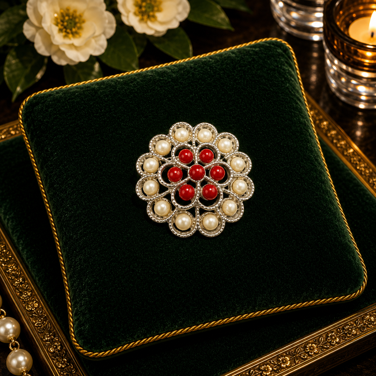 Silver-tone flower brooch with red and cream bead petals