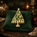 Gold Tone Christmas Tree Brooch with Red and Green Rhinestones