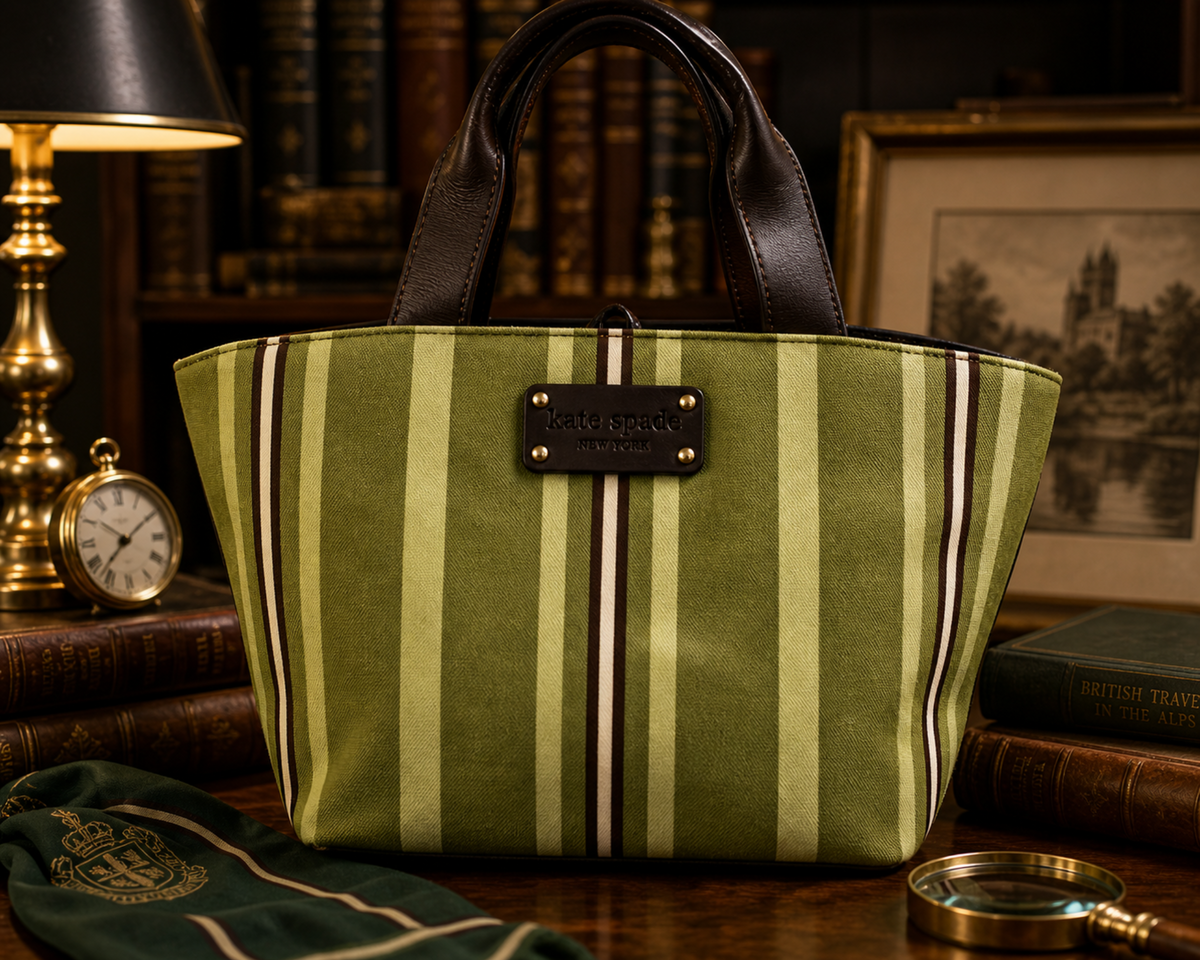 Kate Spade green striped canvas tote with brown leather handles