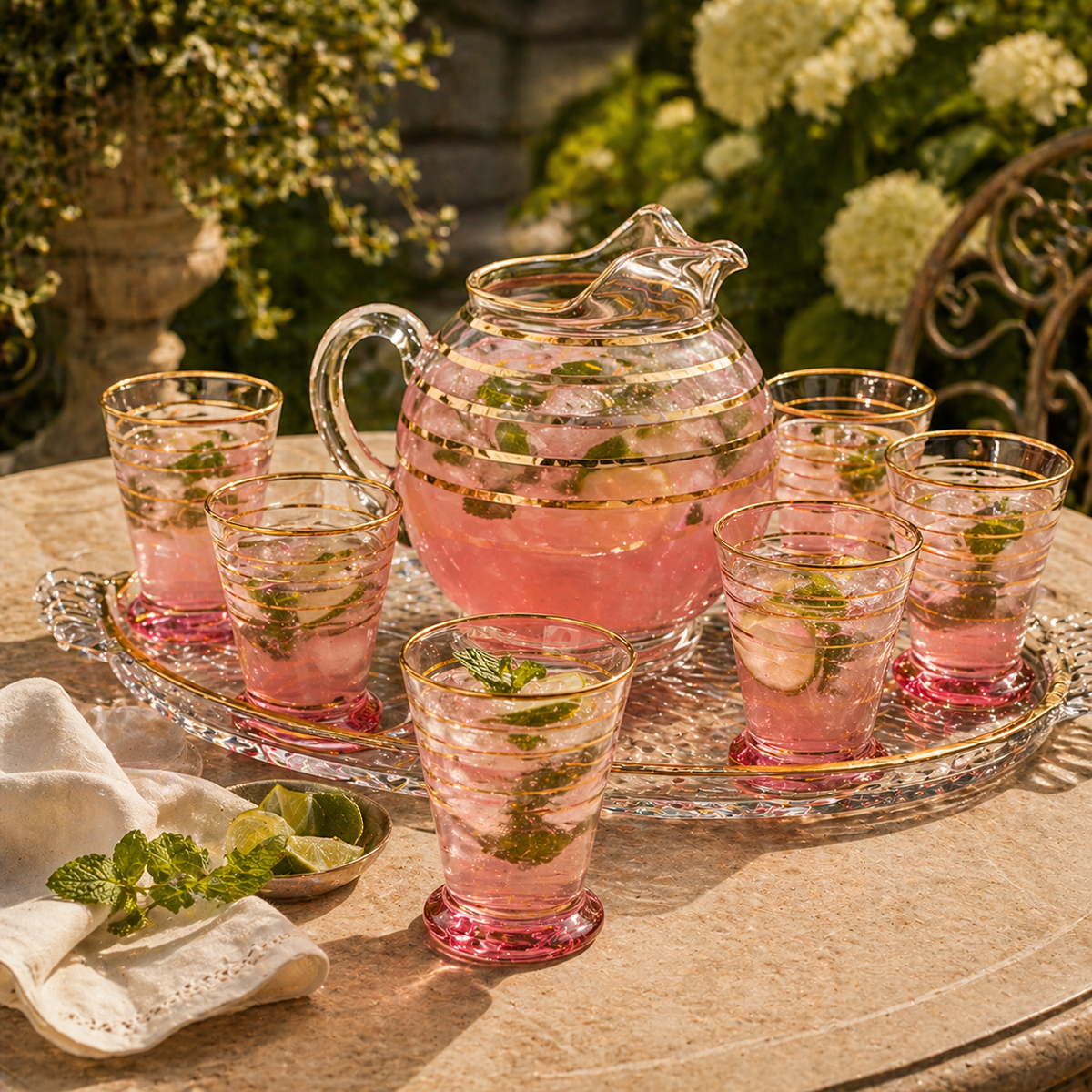 1950s–1960s Macbeth Evans Pink Glass Pitcher Set Gold Stripe 6 Glasses Depression Era