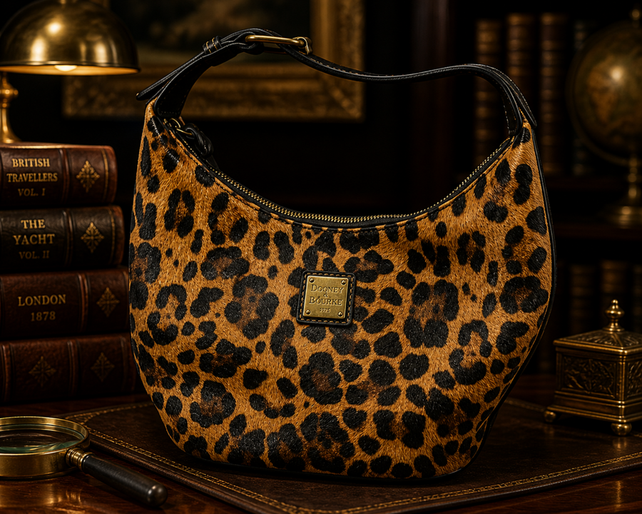 Dooney and Bourke leopard-style animal print coated cotton hobo with black leather trim