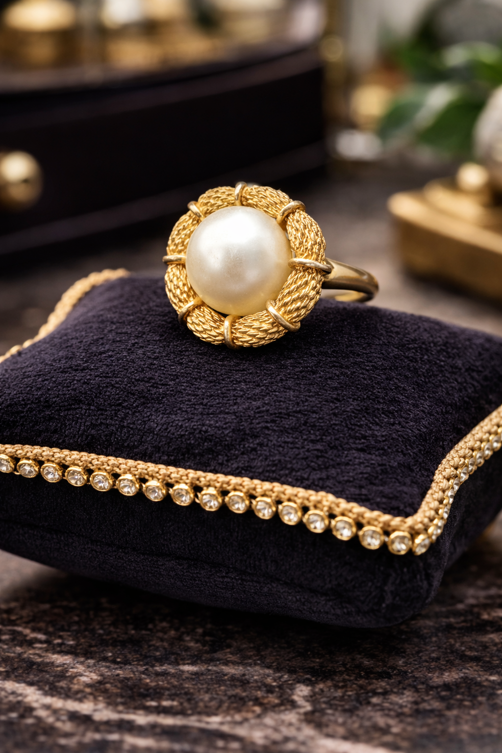 1960s–70s Coro Faux Pearl Ring Gold Tone Wreath Setting Statement Ring Size [Insert] Classic Designer