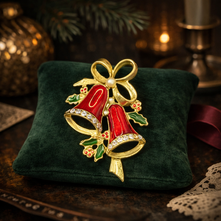 Red enamel Christmas bells brooch with rhinestones, holly leaves and gold-tone bow