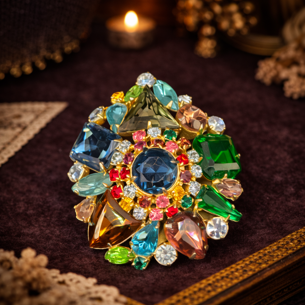 Large Vintage Multi Rhinestone Cluster Brooch Colorful Statement Pin Gold Tone