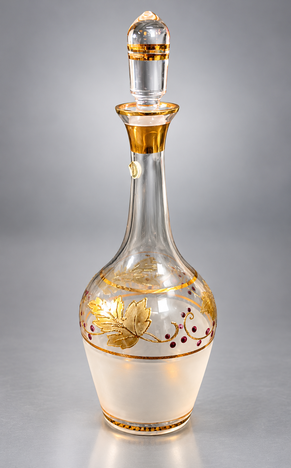 Frosted glass decanter and four cordial glasses with gold grape leaves and purple berries, view 5