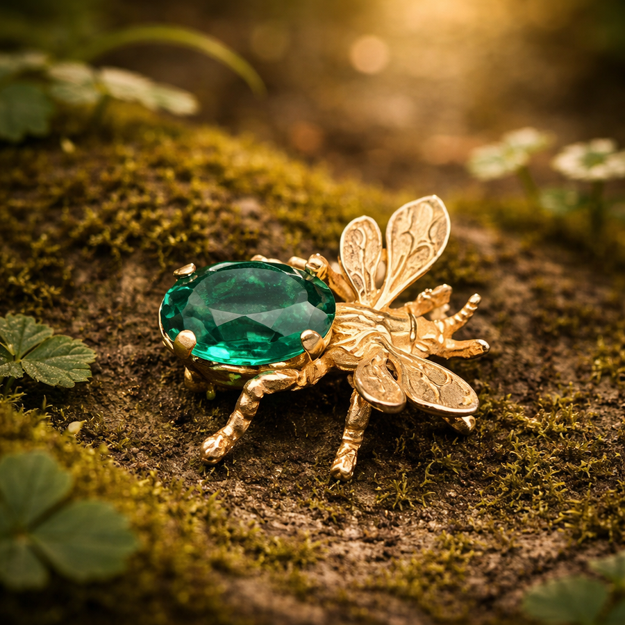 Signed Cini sterling bee brooch with faceted green glass body and engraved wings