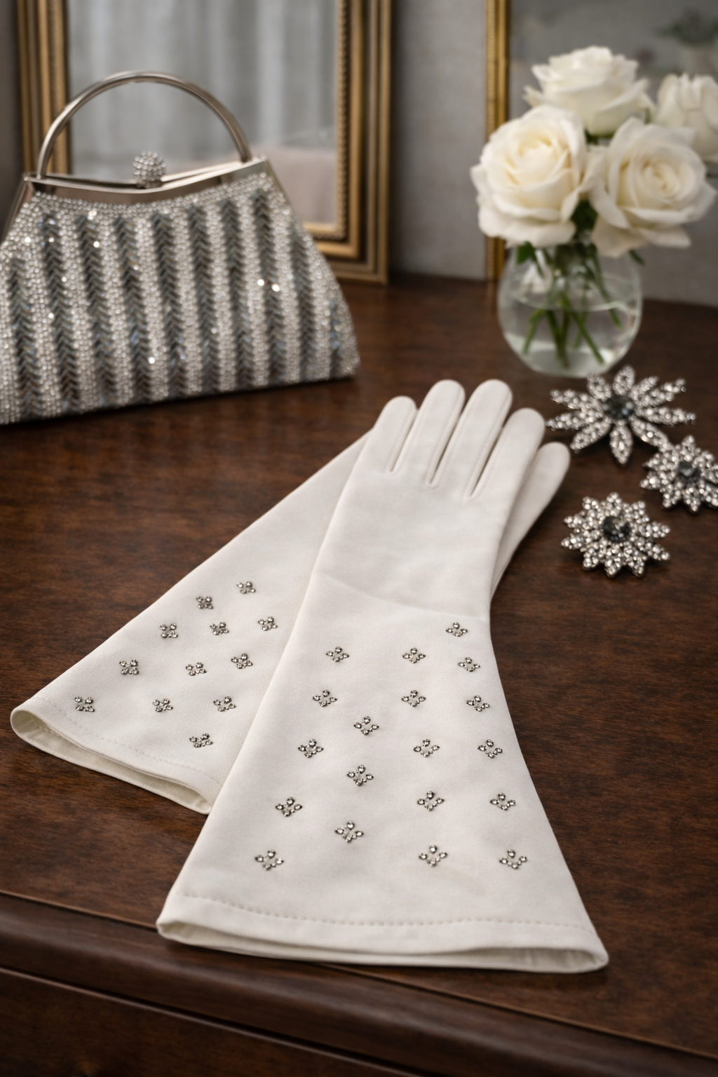 Vintage white beaded long dress gloves embellished opera style ladies gloves