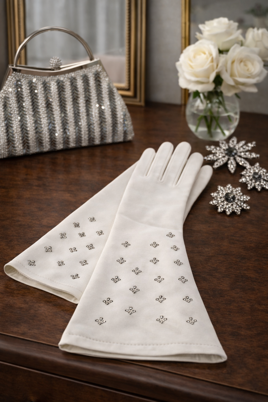 White opera length gloves with silver bugle bead fan motifs on the cuffs